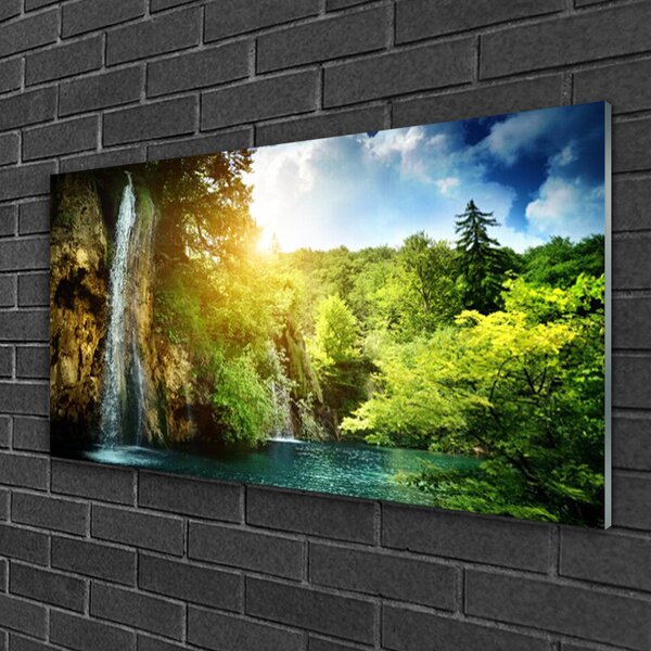 Obraz na skle Vodopád stromy príroda 100x50 cm 2 Prívesky