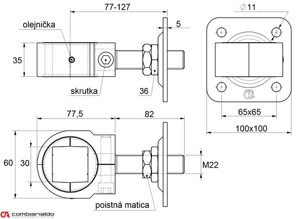 COMBI ARIALDO Záves nastaviteľný M22, pre 30 x 30 mm, platňa 100 x 100 mm