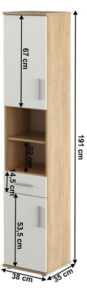 NovýNábytok.sk Vysoká kúpelňová skrinka Leah 05 (dub sonoma + biela matná). Vlastná spoľahlivá doprava až k Vám domov. 1065350