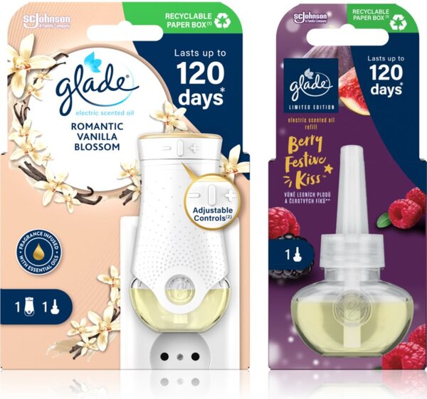 GLADE Electric scented oil Romantic Vanilla Blossom + Berry Festive Kiss výhodné balenie 3 ks