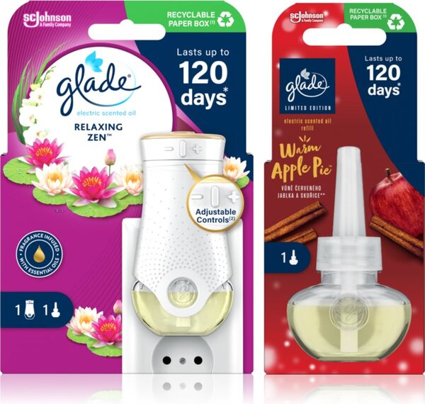 GLADE Electric scented oil Relaxing Zen + Warm Apple Pie výhodné balenie 3 ks