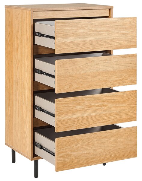 Komoda svetlé drevo MDF 104 x 60 x 40 cm čierne kovové nohy 4 zásuvky úložný priestor moderný štýl obývačka spálňa predsieň