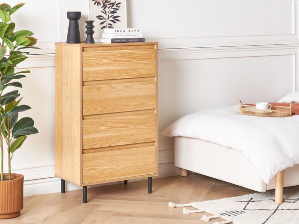 Komoda svetlé drevo MDF 104 x 60 x 40 cm čierne kovové nohy 4 zásuvky úložný priestor moderný štýl obývačka spálňa predsieň