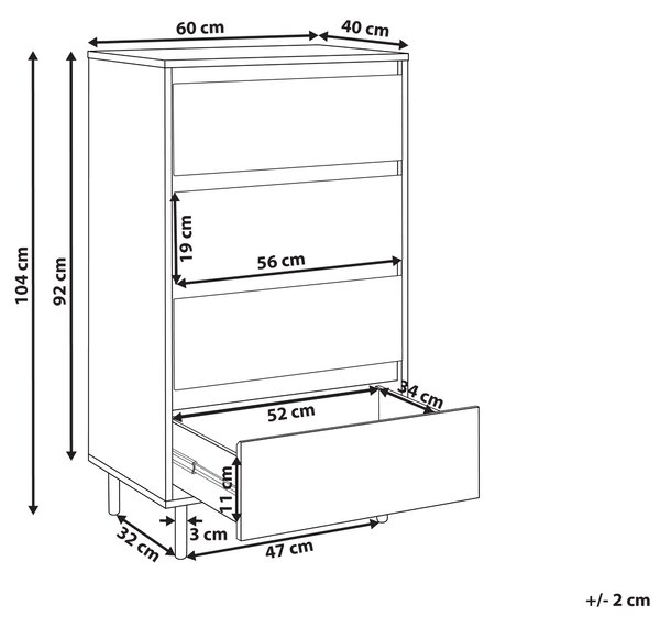 Komoda svetlé drevo MDF 104 x 60 x 40 cm čierne kovové nohy 4 zásuvky úložný priestor moderný štýl obývačka spálňa predsieň