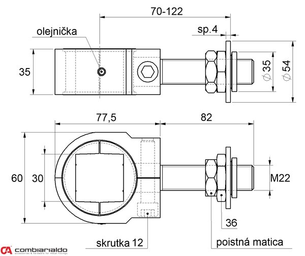 COMBI ARIALDO Záves nastaviteľný M22 na upnutie štvorhranu 30 x 30 mm