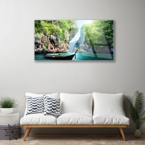 Obraz na skle Hora voda loďka príroda 100x50 cm 2 Prívesky
