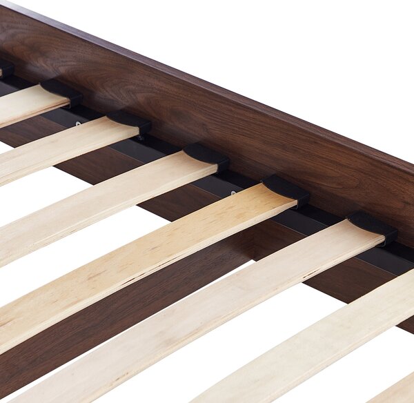 Posteľ tmavé drevo ratanové čelo 180 x 200 cm MDF rám s roštom minimalistický boho dizajn spálňa