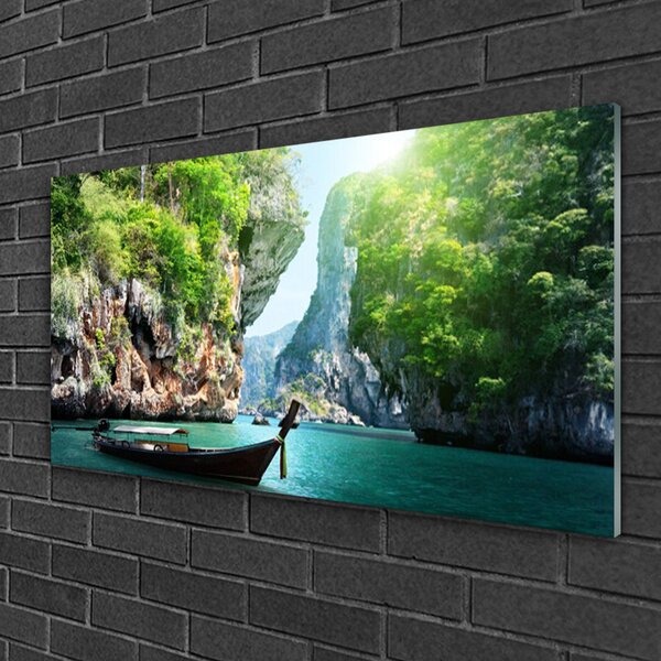 Obraz na skle Hora voda loďka príroda 100x50 cm 2 Prívesky