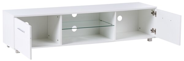 TV stolík biely MDF kovové nohy moderná skrinka pod televízor s LED otvor na káble obývacia izba