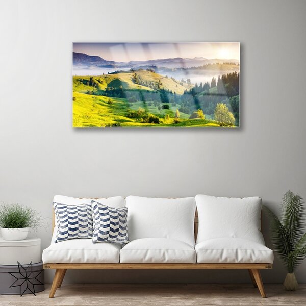 Obraz na skle Hora pole hmla príroda 100x50 cm 2 Prívesky