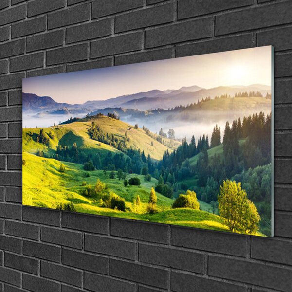 Obraz na skle Hora pole hmla príroda 100x50 cm 2 Prívesky