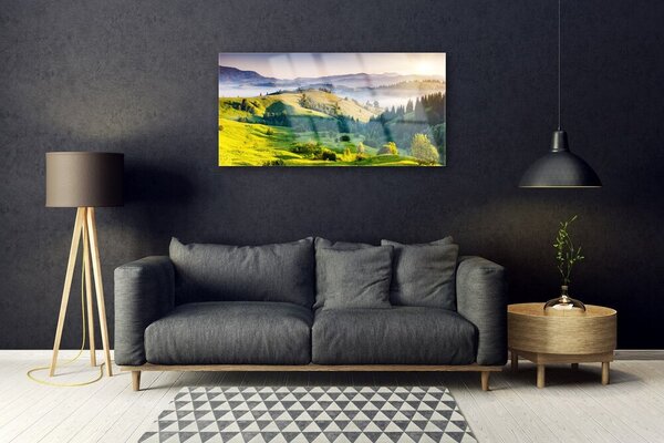 Obraz na skle Hora pole hmla príroda 100x50 cm 2 Prívesky