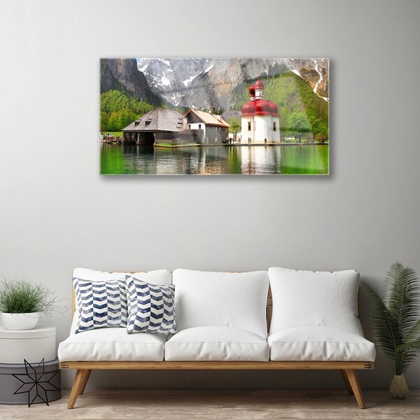 Obraz na skle Hora strom dom krajina 100x50 cm 2 Prívesky