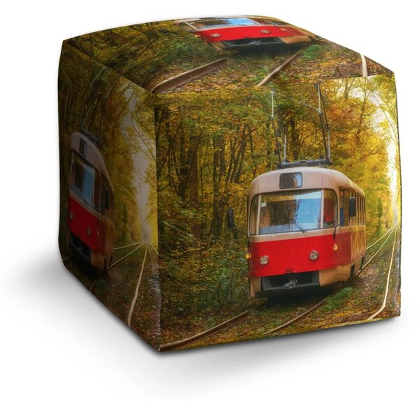 Sablio Taburet Cube Červená električka v lese - 40x40x40 cm