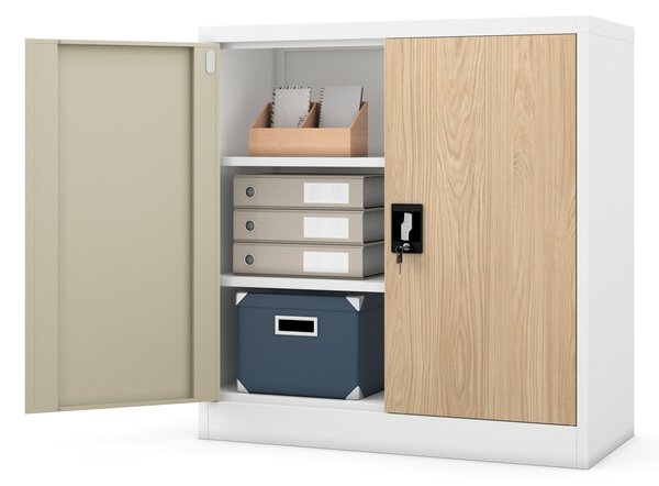 Kovová spisová skrinka BEATA, 900 x 930 x 400 mm, Eco Design: biela/ dub sonoma