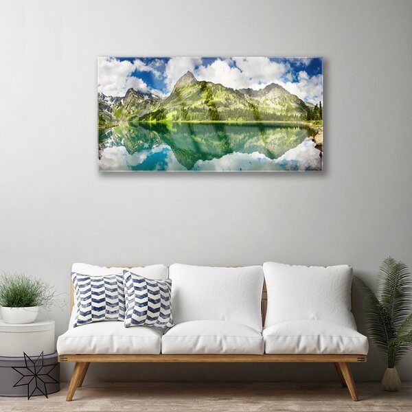 Obraz na skle Hory jazero príroda 100x50 cm 2 Prívesky