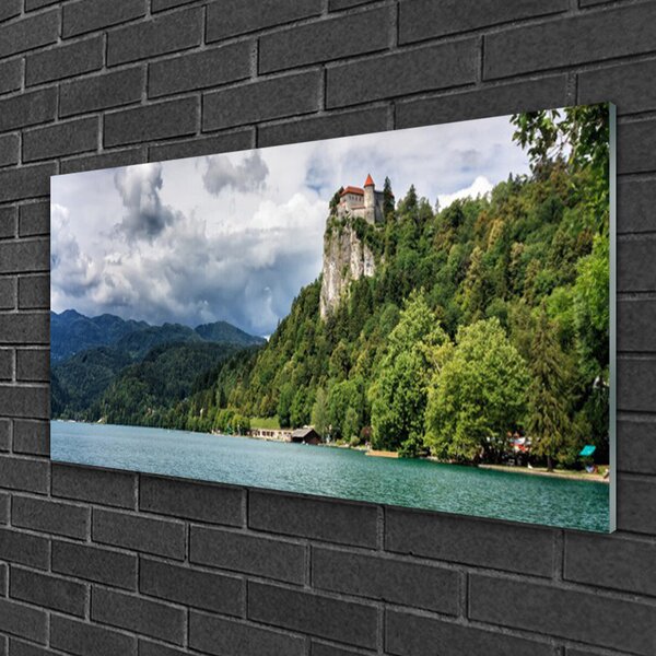 Skleneny obraz Zámok v horách les príroda 100x50 cm 2 Prívesky