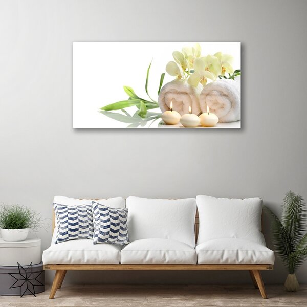 Skleneny obraz Kúpele uteráky sviece orchidea 100x50 cm 2 Prívesky