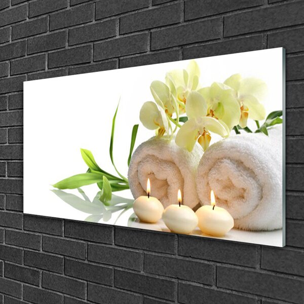 Skleneny obraz Kúpele uteráky sviece orchidea 100x50 cm 2 Prívesky