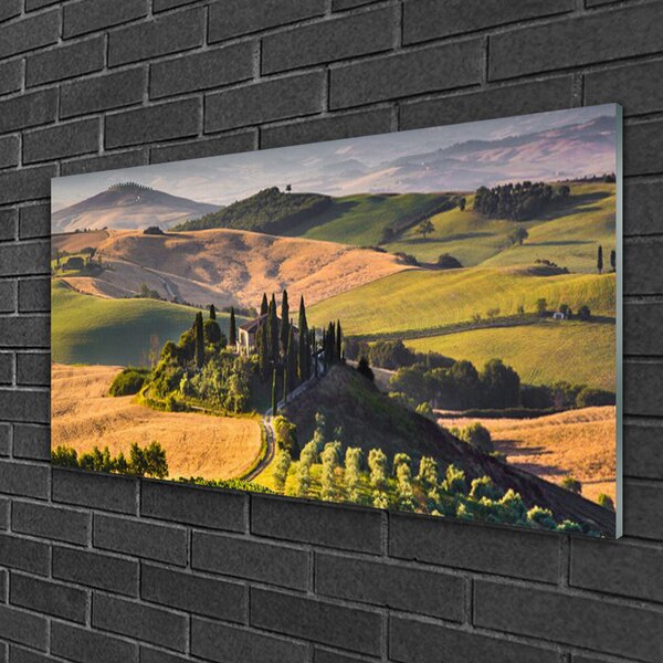 Skleneny obraz Príroda vrchoviny lúky domček 100x50 cm 2 Prívesky