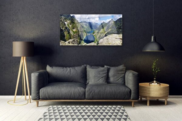 Skleneny obraz Hory údolie jazerá vrcholy 100x50 cm 2 Prívesky