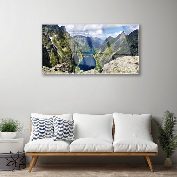Skleneny obraz Hory údolie jazerá vrcholy 100x50 cm 2 Prívesky