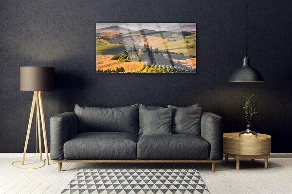 Skleneny obraz Príroda vrchoviny lúky domček 100x50 cm 2 Prívesky