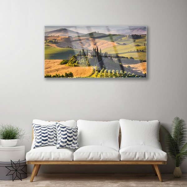 Skleneny obraz Príroda vrchoviny lúky domček 100x50 cm 2 Prívesky