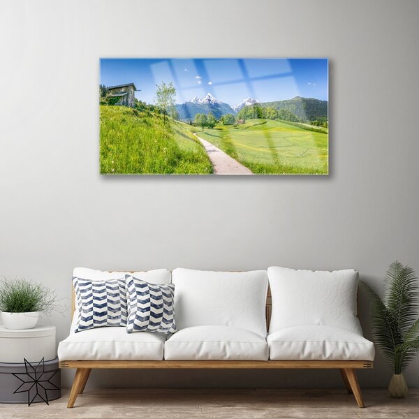 Skleneny obraz Hory lúka chodník údolí 100x50 cm 2 Prívesky