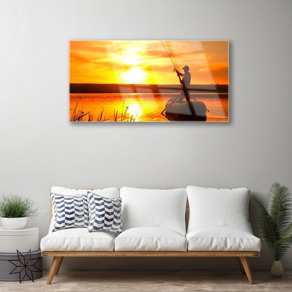 Skleneny obraz Rybár ryby západ jazero 100x50 cm 2 Prívesky