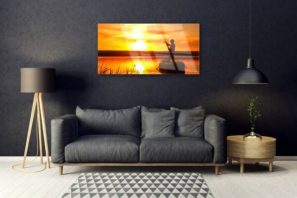 Skleneny obraz Rybár ryby západ jazero 100x50 cm 2 Prívesky