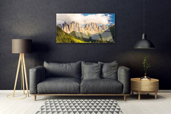 Skleneny obraz Vrcholy hor mraky lesy lúka 100x50 cm 2 Prívesky