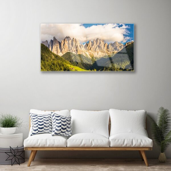 Skleneny obraz Vrcholy hor mraky lesy lúka 100x50 cm 2 Prívesky