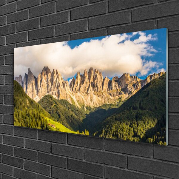 Skleneny obraz Vrcholy hor mraky lesy lúka 100x50 cm 2 Prívesky