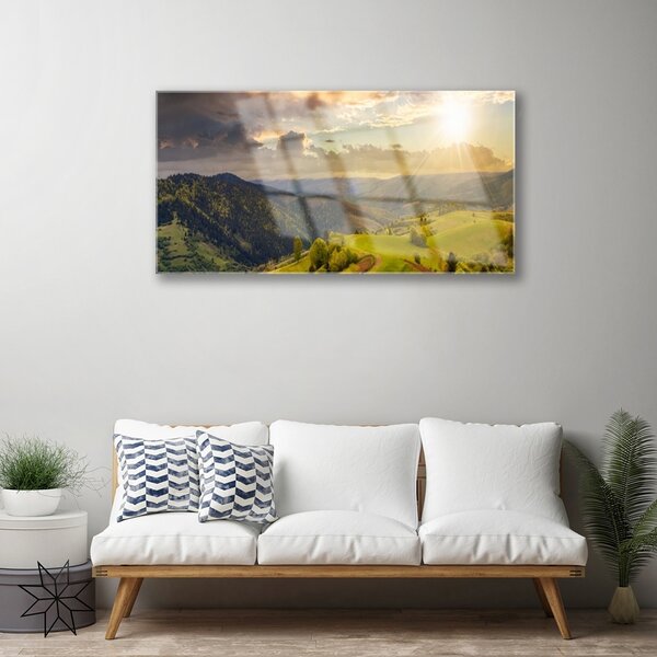 Skleneny obraz Hory lúka západ slnka 100x50 cm 2 Prívesky