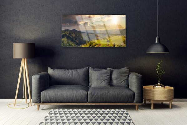 Skleneny obraz Hory lúka západ slnka 100x50 cm 2 Prívesky