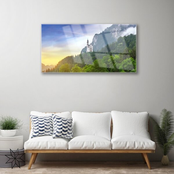 Skleneny obraz Zámok v horách les príroda 100x50 cm 2 Prívesky