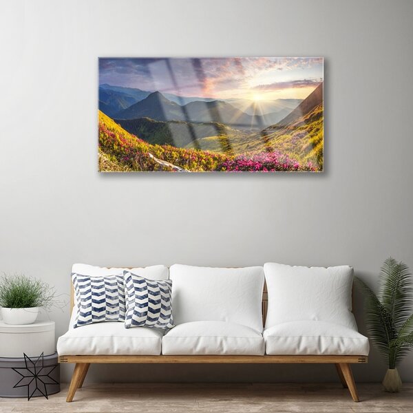 Skleneny obraz Hora lúka slnko krajina 100x50 cm 2 Prívesky