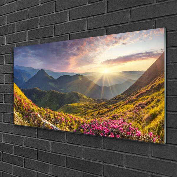 Skleneny obraz Hora lúka slnko krajina 100x50 cm 2 Prívesky