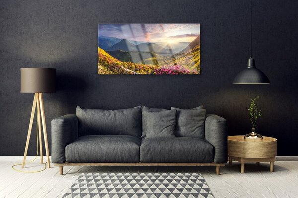 Skleneny obraz Hora lúka slnko krajina 100x50 cm 2 Prívesky