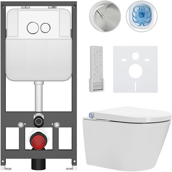 CERANO - Závesné WC s bidetom Cronus Pro - biela lesklá - tlačidlo Prime/Dualo, biele - závesné - predstenová inštalácia / sadrokartón - 59,3x38,4 cm