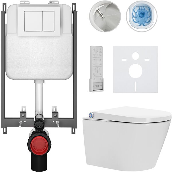 CERANO - Závesné WC s bidetom Cronus Pro - biela lesklá - tlačidlo Prime/Maxio, biele - na zamurovanie - 59,3x38,4 cm