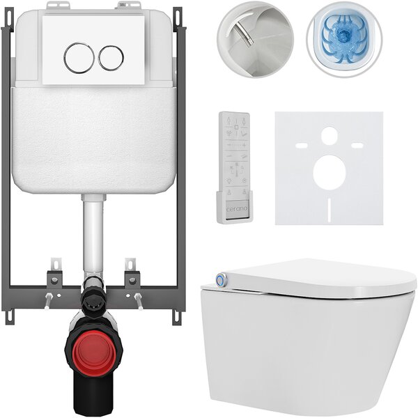 CERANO - Závesné WC s bidetom Cronus Pro - biela lesklá - tlačidlo Prime/Dualo, biele - na zamurovanie - 59,3x38,4 cm