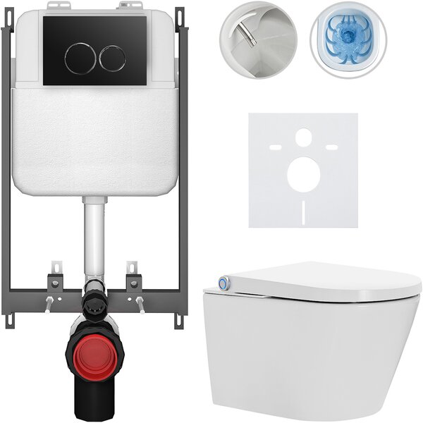 CERANO - Závesné WC s bidetom Cronus Standard - biela lesklá - tlačidlo Prime/Dualo, čierne - na zamurovanie - 59,3x38,4 cm