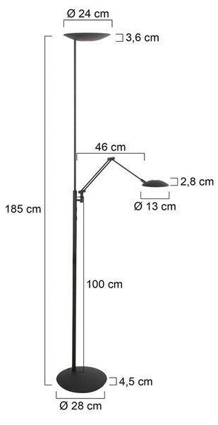 Steinhauer LED stojacia lampa osvetľujúca strop Daphne 2 + – čierna na citanie,, , Čierna, Obývacia izba / jedáleň, kov, Moderný, Zemné bodové svetlo