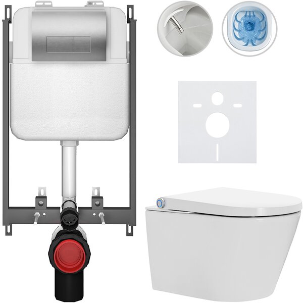 CERANO - Závesné WC s bidetom Cronus Standard - biela lesklá - tlačidlo Prime/Modulo, strieborné - na zamurovanie - 59,3x38,4 cm