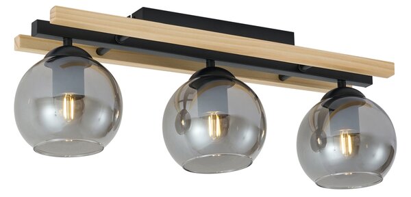 Moderné stropné svietidlo čierne s drevom a dymovým sklom 3-Lights - Aleks