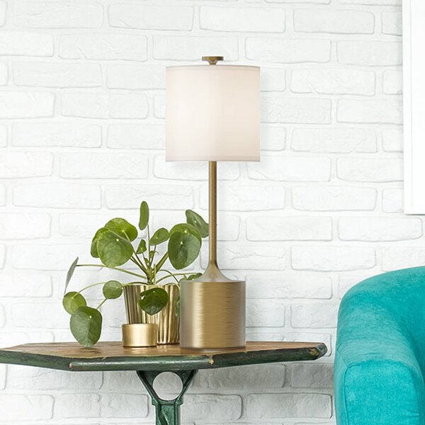 Elstead Stolová lampa Issa, slonovinová/zlatá, 68 cm, ľan/kov, Krémová / jantárovo žltá, Obývacia izba / jedáleň, Hliník, Vintage, Stojacie svietidlo