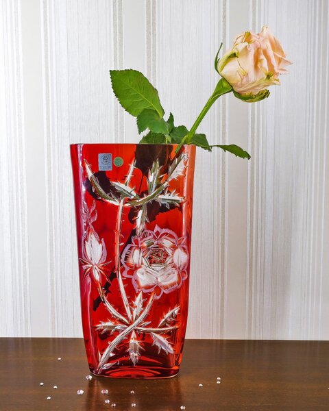 Bohemia Crystal Brúsená váza Rose 255 mm červená