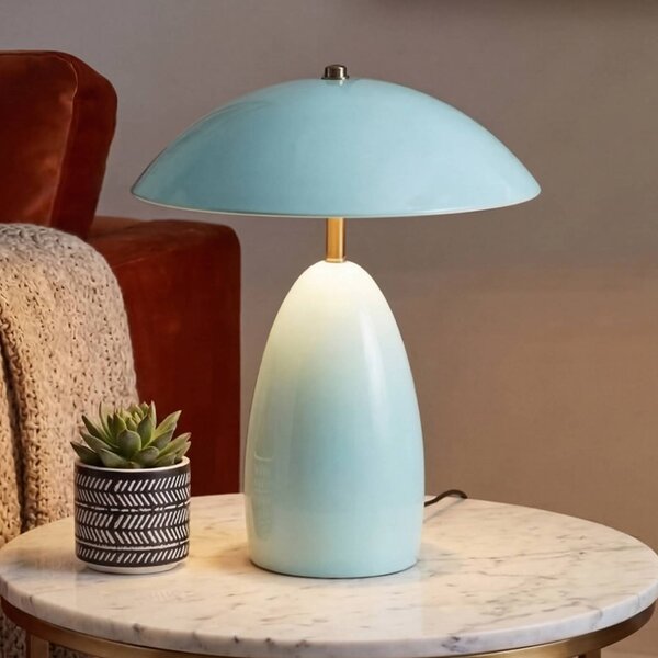 Elstead Stolová LED lampa Poppy, svetlo modrá, výška 35 cm, kovová, stmievateľná, Modrá, Obývacia izba / jedáleň, Hliník, Vintage, Stojacie svietidlo
